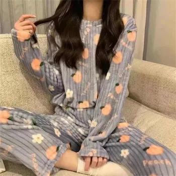 Femei Set De Pijama Cu Maneci Lungi Imprimeu Cu Fructe De Iarnă Caldă Flanel Gros Pijama Set Gât Rotund Coral Catifea Femei Uzura De Somn