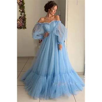 Elegant Off-Umăr Rochie De Bal Pentru Femei Roz Slash-Gât Confort Plasă Formale Rochie De Domnisoara De Onoare Îmbrăcăminte Albastru Podea-Lungime Halate De Partid