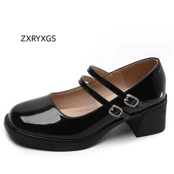 ZXRYXGS 2023 Toamna Brevet piele de Vacă din Piele Femei Pantofi cu Toc de Moda Elegant Trend Pantofi Alb Negru Non-alunecare Toc Gros