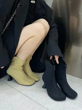 Runda Toe Femei Cizme Glezna Cu Fermoar Frontală Tocuri Groase Ciorap Întindă Pantofi De Moda Sexy Petrecere Pompe Bej, Negru Marimi 35-39