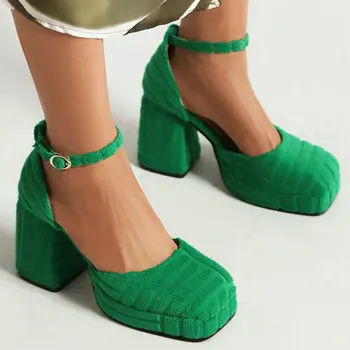 Terry Prosop Tesatura Tricot Verde Portocaliu Închis Toe Femei Mary Jane Pantofi Rochie De Pompe De Dimensiuni Mici 33 Tocuri Indesata Sandale Cu Platforma