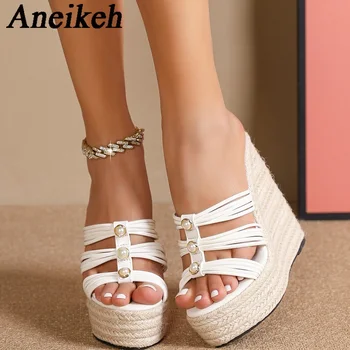 Aneikeh 2024 Moda Elegant PU Înguste Perle Decorative Papuci de Vara pentru Femei Platforma Panglica Sandale Rochie de Petrecere Zapatos 34-43