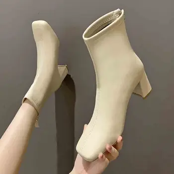 Iarna Nouă Tendință Femei Mid Pantofi Cu Toc Indesata Moda Glezna Chelsea Cizme 2023 Rochie Casual Pompe Goth Square Toe Pantofi Femei