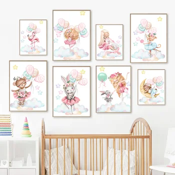 Personalizate Fete Iepurașul de Pluș Unicorn Flamingo Balon Nor de Perete de Arta Pictura Nordică Postere si Printuri de Poze Camera Copii