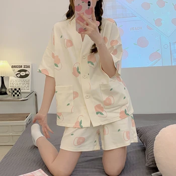 Pijamale Pentru Femei coreeană Fată Dulce Cardigan Acasă Purta Maneca Scurta Seturi de pantaloni Scurți de Vară Pijamale Drăguț Roz Piersica pentru Femei Pijamale