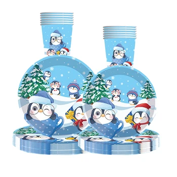 8Guests Desene animate Pinguini Tacamuri de unica folosinta Albastru Crăciun Fulg de nea Pinguin Farfurii Cesti Șervețel Crăciun Fericit Decor An Nou Fericit