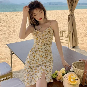 Rochie Femei Sexy V-neck Floral Vacanță de Vară de Moda Stil coreean Subțire O-linie Plajă Purta Harajuku fără Mâneci fantă Laterală Vestidos
