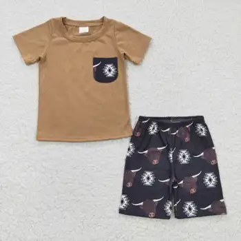 Design nou RTS Maro Pocket T Shirt pentru Copii de Vară pantaloni Scurți Set Copii Cow Print Haine de tip Boutique, Haine de Băieți