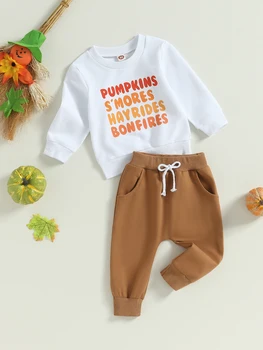 Adorabil Copil Baieti Haine Halloween Set cu Scrisoare de Imprimare Echipajul Gât pulover și Pantaloni Lungi pentru Tinute de Toamna - 2 buc