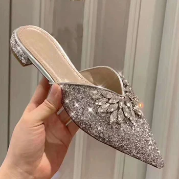 Vară Nouă de Argint Stras Sequin a Subliniat Toe Sandale Plate pentru Femei 2021 Baotou Jumătate Drag Toate-Meci Muller Pantofi pentru Exterior Purta