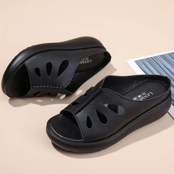 Femeile Pene Papuci De Casă 2023 Vara New Vintage Din Piele Moale Femei Platforma De Papuci De Plajă Confortabil Pantofi Femei Casual Diapozitive