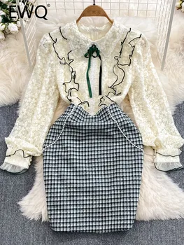 EWQ sweet style femei rochie cu maneci lungi rever dantela mozaic tweed înaltă talie O-linie vestidos de iarnă primăvară 2024 noi 27SN5065