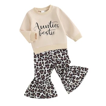 Copilul Fata de Toamna Scrisoare de Imprimare Echipajul Gât Maneca Lunga Bluze Leopard Print Pantaloni Flare 2 buc Set Haine