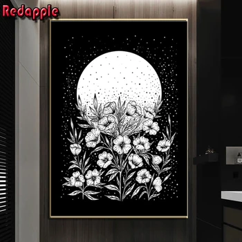 Flori și Lună Model Diamant Pictura, Plină Piața de Foraj, cu Diamant de Broderie, Mărgele Imagine de Pietre, Artă Mozaic, Negru