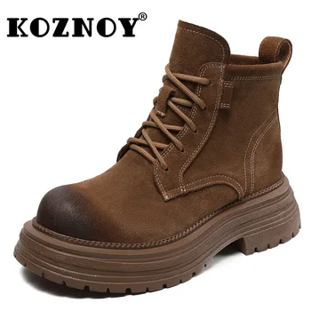 Koznoy 5cm Naturale din Piele de Vaca piele de Căprioară cu Talpi de Cauciuc Botine de Toamna Femei Britanice Platforma Indesata Confortabil Pantofi de Primăvară