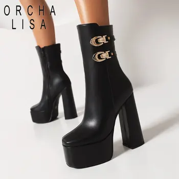 ORCHA LISA Femei Elegante Cizme Glezna Square Toe Tocuri Indesata 14cm Platforma Deal 5cm cu Fermoar de Metal Decor de Mari Dimensiuni 42 43 Pantofi