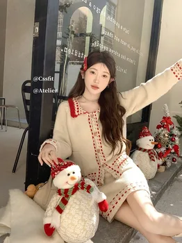 Moda coreeană Roșii și Albe Contrastante Pulover Cardigan pentru Femei Toamna Noua linie Tricotate Fusta Două bucata Set Haine de sex Feminin