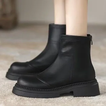 2023 Moda Pantofi pentru Femei cu Fermoar pentru Femei Cizme de Iarna Rotund Deget de la picior Solid Scurt Baril Indesata Toc Nude Cizme Zapatos De Mujer