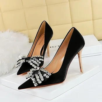 Femei Sexy Stripteuză 10.5 cm Tocuri Stras Subliniat Toe Pompe de Mătase Crystal Satin Scarpin Elegante, Pantofii de Mireasa Plus Dimensiune 43