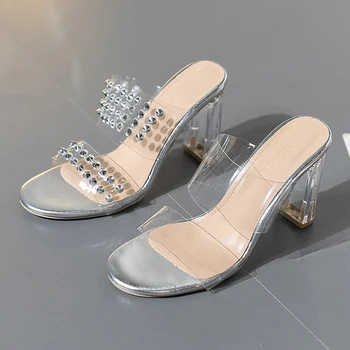 Moda 2023 Deschis Deget de la picior Glezna Curea din PVC Transparent Nituri Platforma Stripteuză Sandale cu Toc Doamna Rochie de Petrecere Femei Pantofi