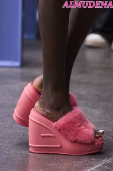 2023 Femei Vara EVA Platforma Pene de Catâri Lux Designer de pantofi Sandale Alb Roz cu Blană Papuci Pantofi de Plaja