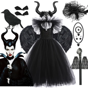 Disney Maleficent Costum de Halloween Maleficent Rochie din Tul pentru Fete Cosplay Regina Rău Mesh Negru Rochie de Printesa Copiii Cioara Bagheta