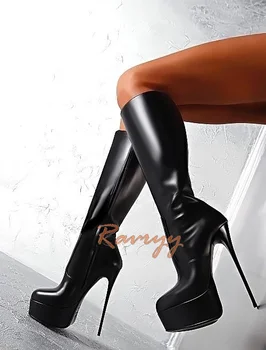 16CM Rotund Toe Stilet Platforma Genunchi Ridicat Cizme Femei Sexy Negru din Piele cu Fermoar Lateral Mare Size35-45 Super Toc Înalt Cizme Lungi