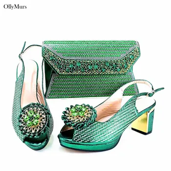 Nigerian Stil De Culoare Verde, Pantofi Cu Toc Inalt Si Set De Sac De Înaltă Calitate Femei Din Africa De Cristal Pantofi Și Geantă Set Pentru Rochie De Mireasa