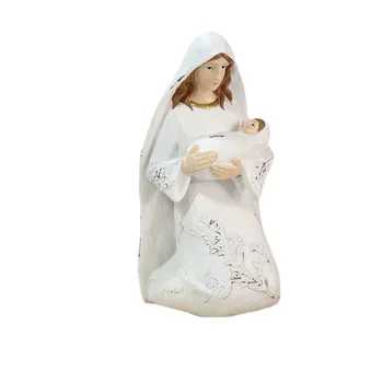 Crăciun Rasina Gri Imitație De Lemn Sculptură În Sfânta Familie De Relief Frunze Efect De Peeling Virgin Îmbrățișare Saint Copilul Decor