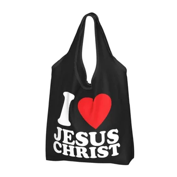 Îl Iubesc Pe Isus Hristos Cumpărături Saci Kawaii Shopper Tote Geantă De Umăr Mare Capacitate Portabil De Crăciun Catolic Geantă De Mână