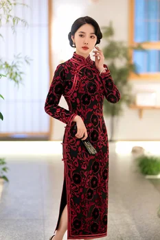 Vintage Chineză Qipao Rochie Tradițională Lung Cheongsam Toamna Iarna Performanță Etapă Show Costum