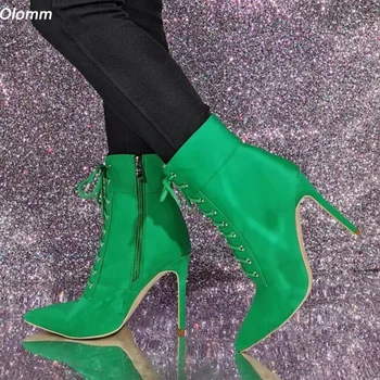 Olomm lucrate Manual pentru Femei de Iarnă Satin Glezna Cizme Sexy Stilet Tocuri Ascuțite Toe Frumos Verde Roșu Pantofi de Partid Plus Dimensiune SUA 4-15
