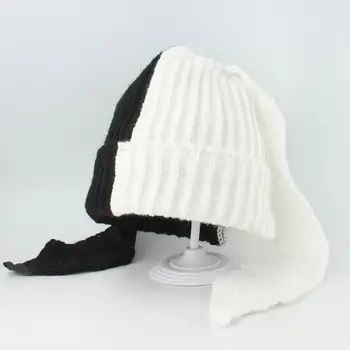 Alb Negru Chelioși Beanie Urechi Lungi Pălărie Drăguț Iepure Urechi Lungi Pălărie Tricotate Pălărie De Moda Coreeană 2023 Noi Croșetat Tricotate Pălărie Bunny