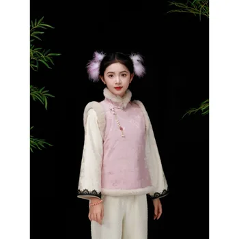 Toamna Iarna Dulce Roz Violet Stand Guler Fluture Imprimat Cald Tang Costum Vesta Femei Stil Chinezesc Anul Nou Haine 2xl