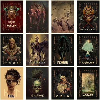 Mitologia nordică Asgard Dumnezeu Retro Poster de Epocă Hârtie Postere si Printuri Home Decor de Perete de Arta Pictura Camera Bar Decor Mural