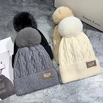 Caciula de iarna Noi Fleece Căptușit cu Lână Cald Pălărie Stil coreean Beanie Pălărie la Modă Simplă Față-în Căutarea Mici Tricotate Fată Capac