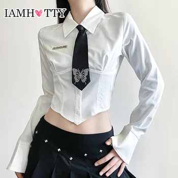 IAMHOTTY Stil Preppy Corset Tricou Cu Fluture Stras Cravată Femei Drăguț Casual Elegant Top Trunchiate Toamna Bluza Eleganta