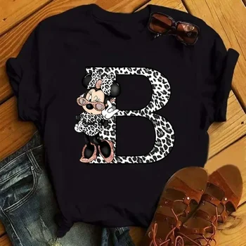 Grafica de epocă, Numele Combinație Scrisoare Femei de Înaltă Calitate de Imprimare T-shirt Leopard Minnie Mouse Font a B C D T Shirt
